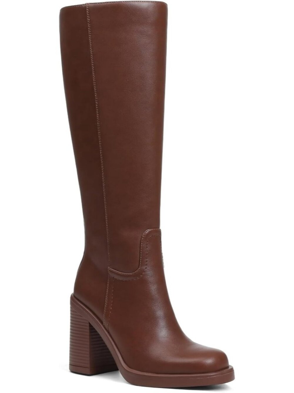 Women's Brown Comfortable Pull On Block Heeled Square Toe High Ankle Boot